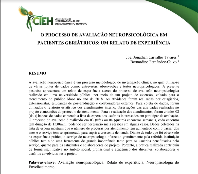 O processo de Avaliação Neuropsicológica em Pacientes Geriátricos: um relato de experiência